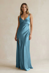 V - Neck Sheath Satin Bridesmaid Dress With Slit in Twilight - KissProm Bridesmaid Dresses