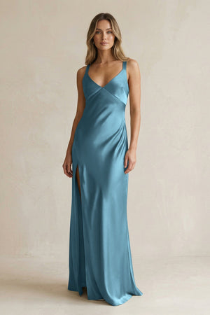 V - Neck Sheath Satin Bridesmaid Dress With Slit in Twilight - KissProm Bridesmaid Dresses