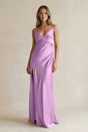 V - Neck Sheath Satin Bridesmaid Dress With Slit in Vintage Mauve - KissProm Bridesmaid Dresses