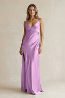 V - Neck Sheath Satin Bridesmaid Dress With Slit in Vintage Mauve - KissProm Bridesmaid Dresses