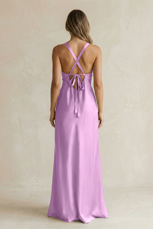 V - Neck Sheath Satin Bridesmaid Dress With Slit in Vintage Mauve - KissProm Bridesmaid Dresses