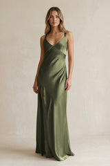 V - Neck Sheath Satin Bridesmaid Dress With Slit in Willow Green - KissProm Bridesmaid Dresses