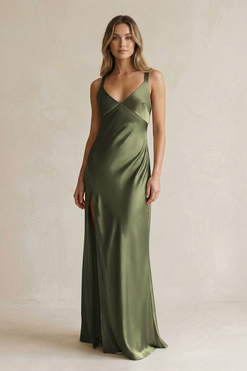 V - Neck Sheath Satin Bridesmaid Dress With Slit in Willow Green - KissProm Bridesmaid Dresses