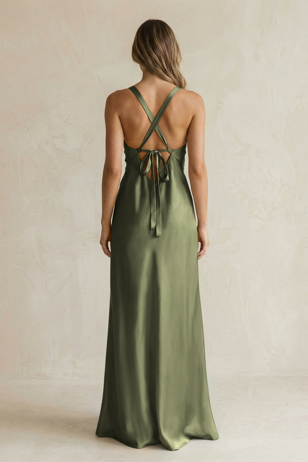 V - Neck Sheath Satin Bridesmaid Dress With Slit in Willow Green - KissProm Bridesmaid Dresses