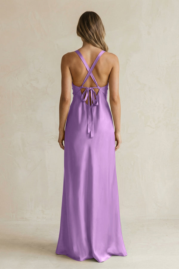 V - Neck Sheath Satin Bridesmaid Dress With Slit in Wisteria - KissProm Bridesmaid Dresses