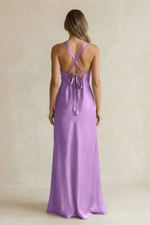 V - Neck Sheath Satin Bridesmaid Dress With Slit in Wisteria - KissProm Bridesmaid Dresses