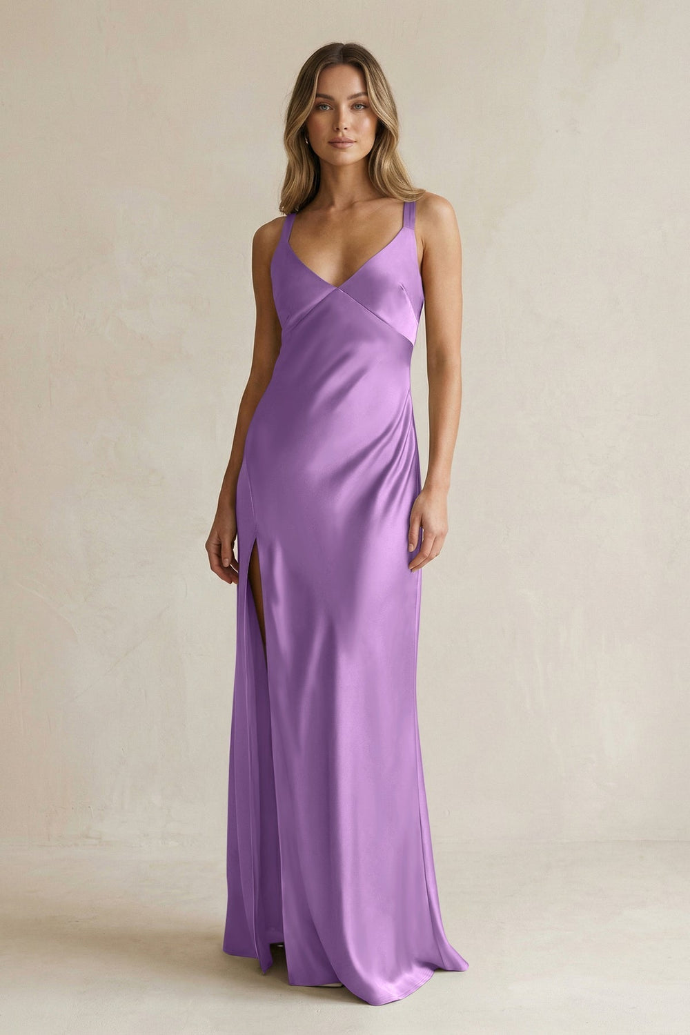 V - Neck Sheath Satin Bridesmaid Dress With Slit in Wisteria - KissProm Bridesmaid Dresses