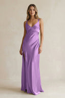 V - Neck Sheath Satin Bridesmaid Dress With Slit in Wisteria - KissProm Bridesmaid Dresses