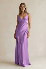 V - Neck Sheath Satin Bridesmaid Dress With Slit in Wisteria - KissProm Bridesmaid Dresses