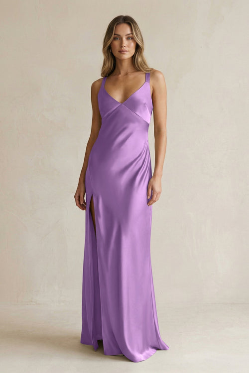 V - Neck Sheath Satin Bridesmaid Dress With Slit in Wisteria - KissProm Bridesmaid Dresses