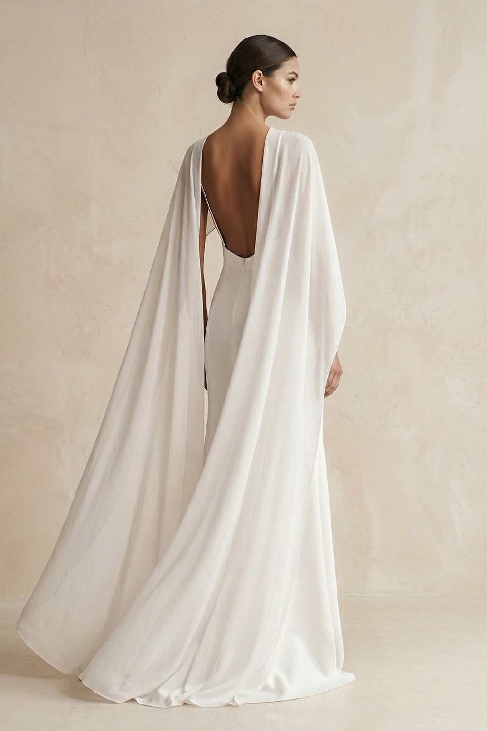 V - neck Sheath Satin Detachable Cape Wedding Dress in White - KissProm Wedding Dresses