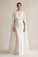 V - neck Sheath Satin Detachable Cape Wedding Dress in White - KissProm Wedding Dresses