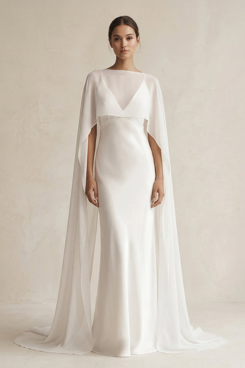 V - neck Sheath Satin Detachable Cape Wedding Dress in White - KissProm Wedding Dresses