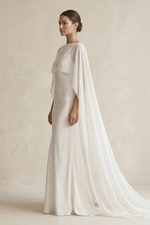 V - neck Sheath Satin Detachable Cape Wedding Dress in White - KissProm Wedding Dresses