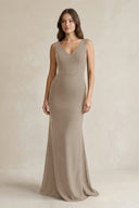 V - Neck Sheath Satin Maxi Bridesmaid Dress in Almond - KissProm Bridesmaid Dresses