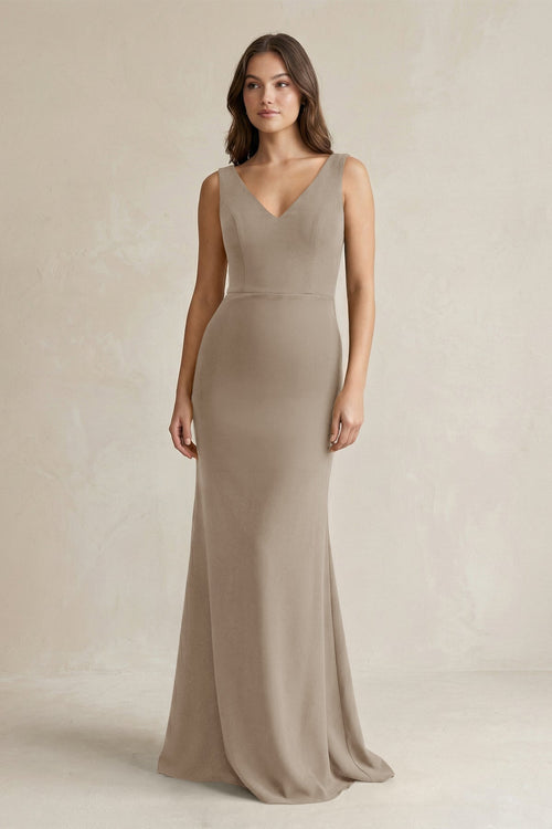 V - Neck Sheath Satin Maxi Bridesmaid Dress in Almond - KissProm Bridesmaid Dresses