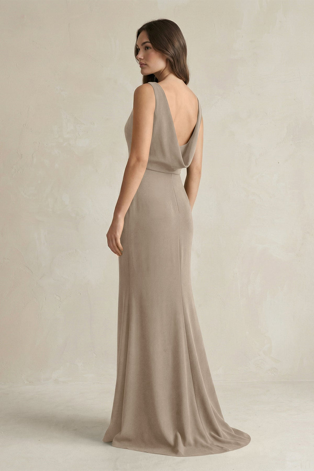 V - Neck Sheath Satin Maxi Bridesmaid Dress in Almond - KissProm Bridesmaid Dresses