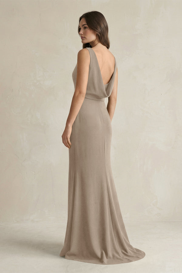 V - Neck Sheath Satin Maxi Bridesmaid Dress in Almond - KissProm Bridesmaid Dresses
