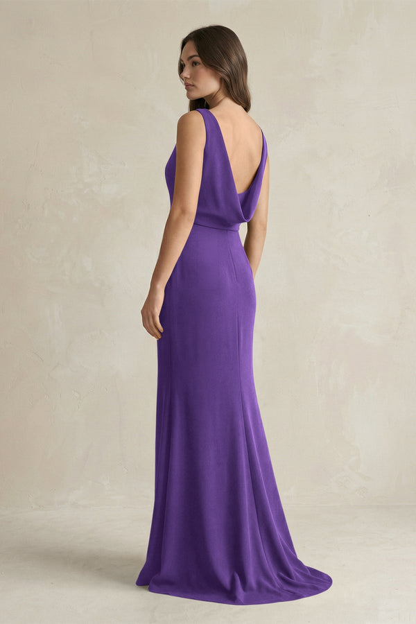 V - Neck Sheath Satin Maxi Bridesmaid Dress in Amethyst - KissProm Bridesmaid Dresses
