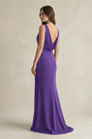 V - Neck Sheath Satin Maxi Bridesmaid Dress in Amethyst - KissProm Bridesmaid Dresses
