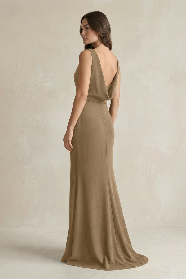 V - Neck Sheath Satin Maxi Bridesmaid Dress in Apple Cinnamon - KissProm Bridesmaid Dresses