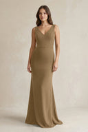 V - Neck Sheath Satin Maxi Bridesmaid Dress in Apple Cinnamon - KissProm Bridesmaid Dresses
