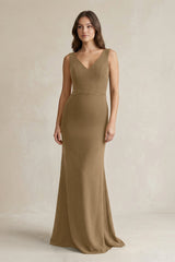V - Neck Sheath Satin Maxi Bridesmaid Dress in Apple Cinnamon - KissProm Bridesmaid Dresses