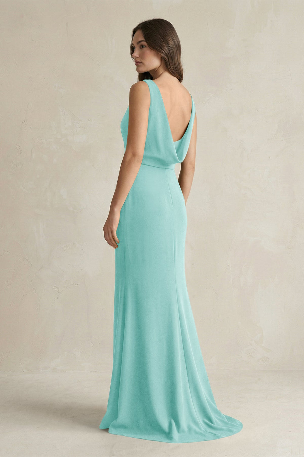 V - Neck Sheath Satin Maxi Bridesmaid Dress in Aqua - KissProm Bridesmaid Dresses