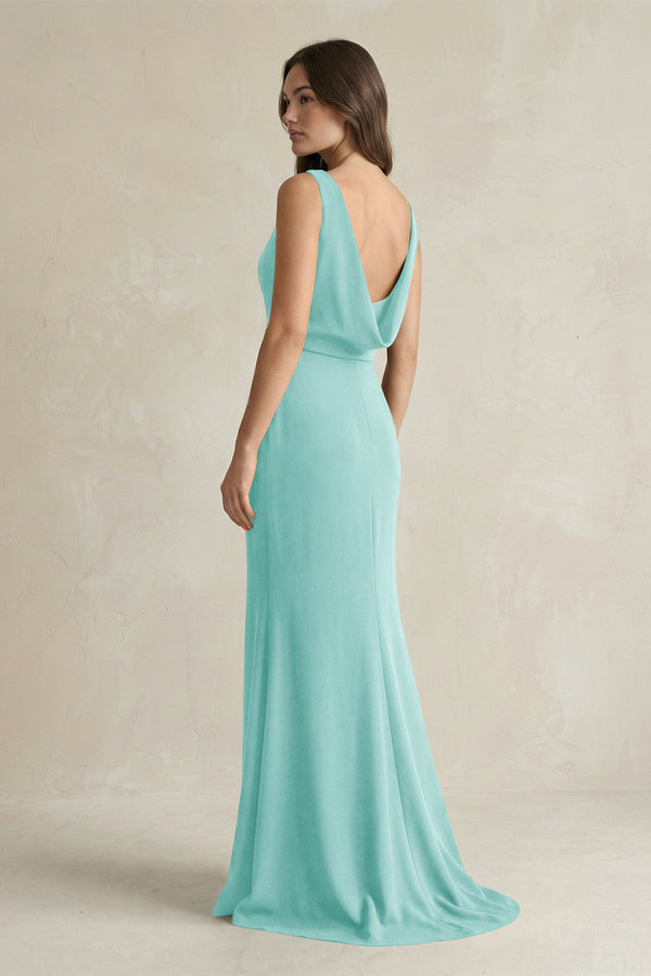 V - Neck Sheath Satin Maxi Bridesmaid Dress in Aqua - KissProm Bridesmaid Dresses