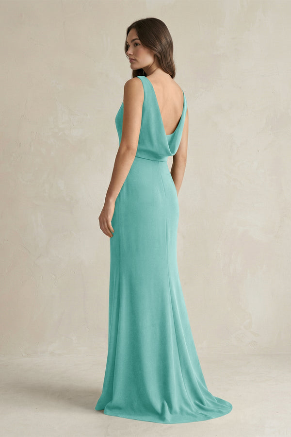 aqua blue bridesmaid dresses V-Neck Sheath Satin Maxi Bridesmaid Dress in Aqua