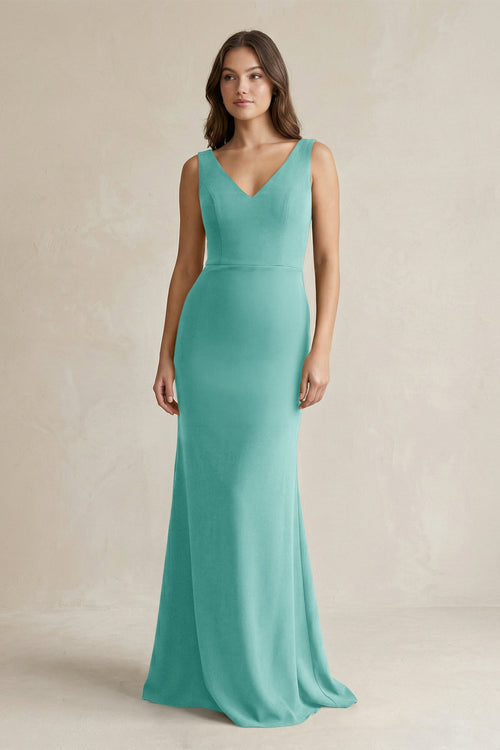 maxi aqua dress V-Neck Sheath Satin Maxi Bridesmaid Dress in Aqua