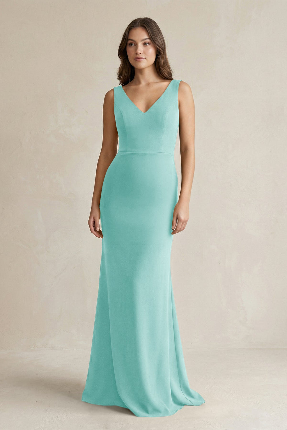 V - Neck Sheath Satin Maxi Bridesmaid Dress in Aqua - KissProm Bridesmaid Dresses