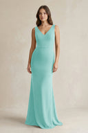 V - Neck Sheath Satin Maxi Bridesmaid Dress in Aqua - KissProm Bridesmaid Dresses