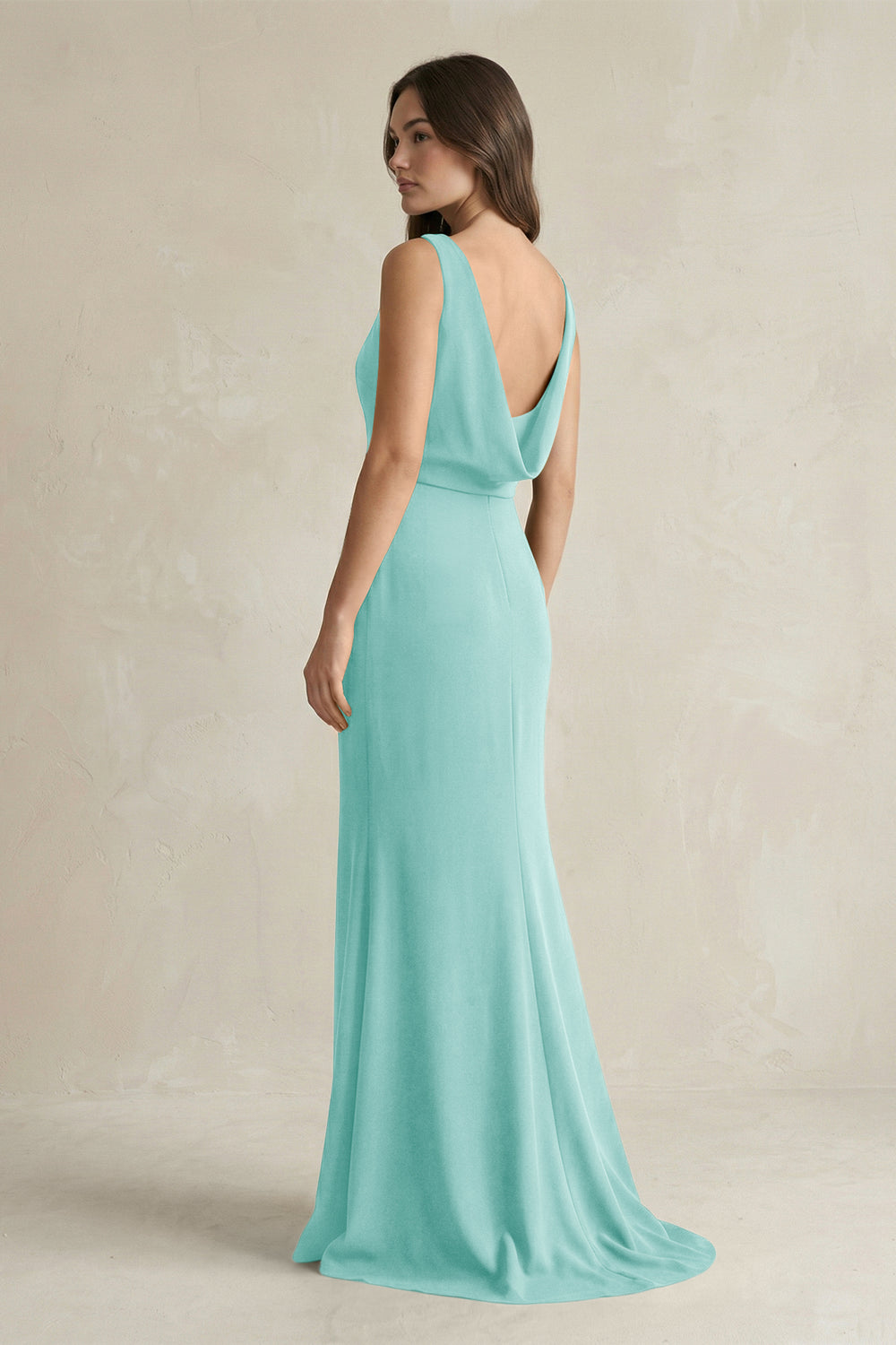 V - Neck Sheath Satin Maxi Bridesmaid Dress in Aqua - KissProm Bridesmaid Dresses
