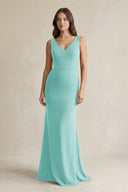 V - Neck Sheath Satin Maxi Bridesmaid Dress in Aqua - KissProm Bridesmaid Dresses