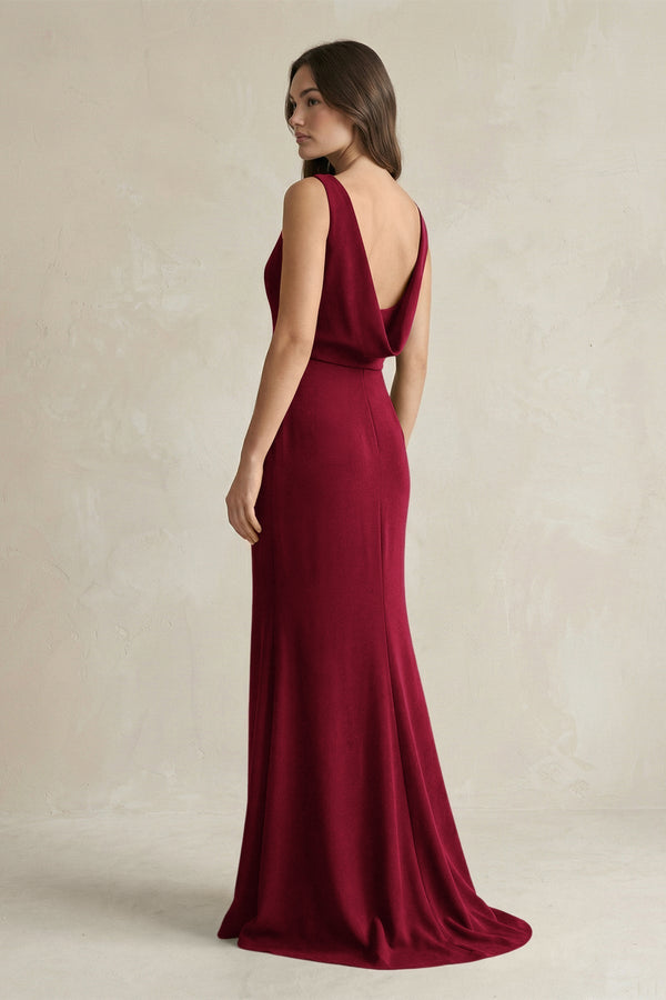 V-Neck Sheath Satin Maxi Bridesmaid Dress in Berry