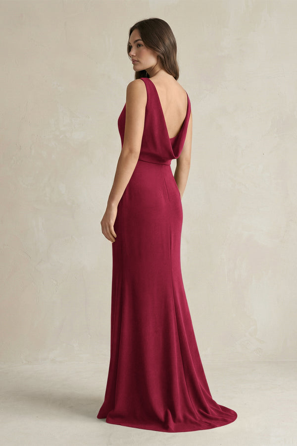 V - Neck Sheath Satin Maxi Bridesmaid Dress in Berry - KissProm Bridesmaid Dresses