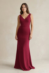 V - Neck Sheath Satin Maxi Bridesmaid Dress in Berry - KissProm Bridesmaid Dresses