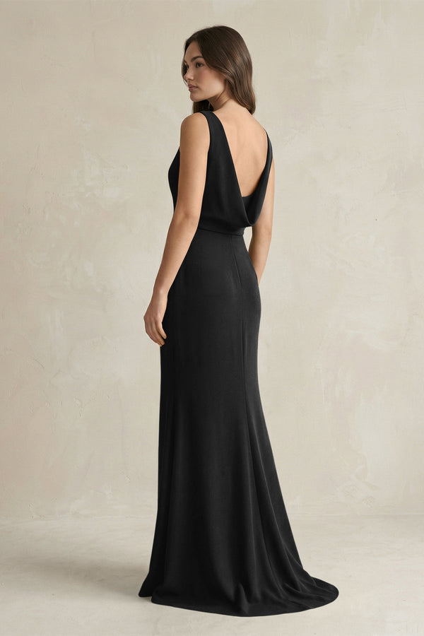 V - Neck Sheath Satin Maxi Bridesmaid Dress in Black - KissProm Bridesmaid Dresses