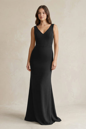 V - Neck Sheath Satin Maxi Bridesmaid Dress in Black - KissProm Bridesmaid Dresses