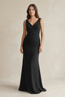 V - Neck Sheath Satin Maxi Bridesmaid Dress in Black - KissProm Bridesmaid Dresses