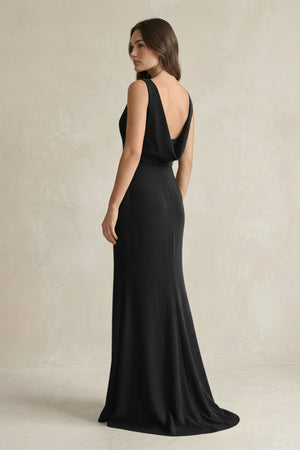 V - Neck Sheath Satin Maxi Bridesmaid Dress in Black - KissProm Bridesmaid Dresses