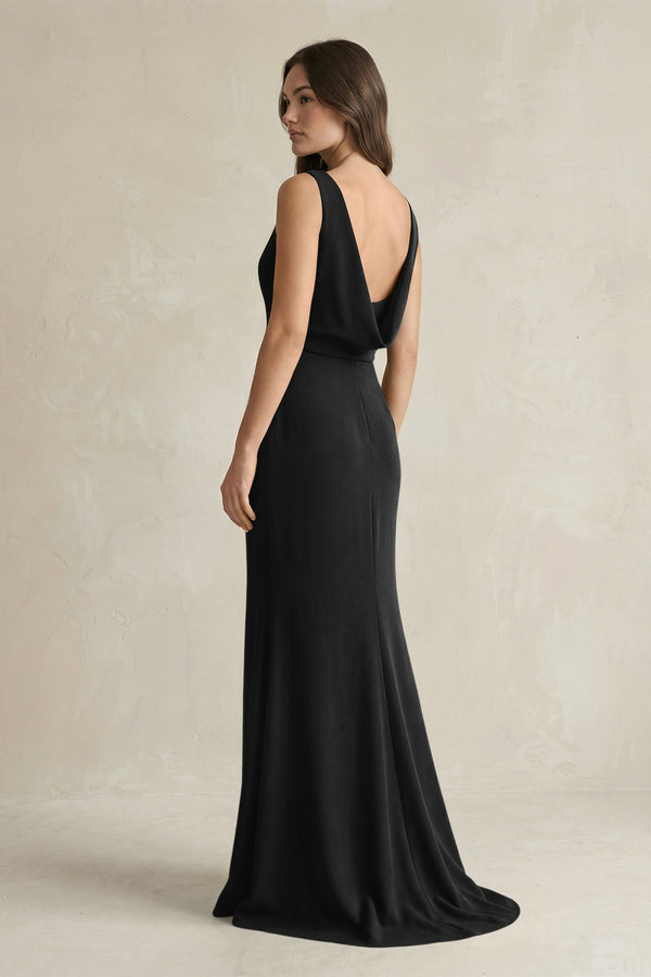 V - Neck Sheath Satin Maxi Bridesmaid Dress in Black - KissProm Bridesmaid Dresses