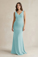 V - Neck Sheath Satin Maxi Bridesmaid Dress in Bleached Aqua - KissProm Bridesmaid Dresses
