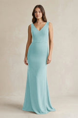 V - Neck Sheath Satin Maxi Bridesmaid Dress in Bleached Aqua - KissProm Bridesmaid Dresses