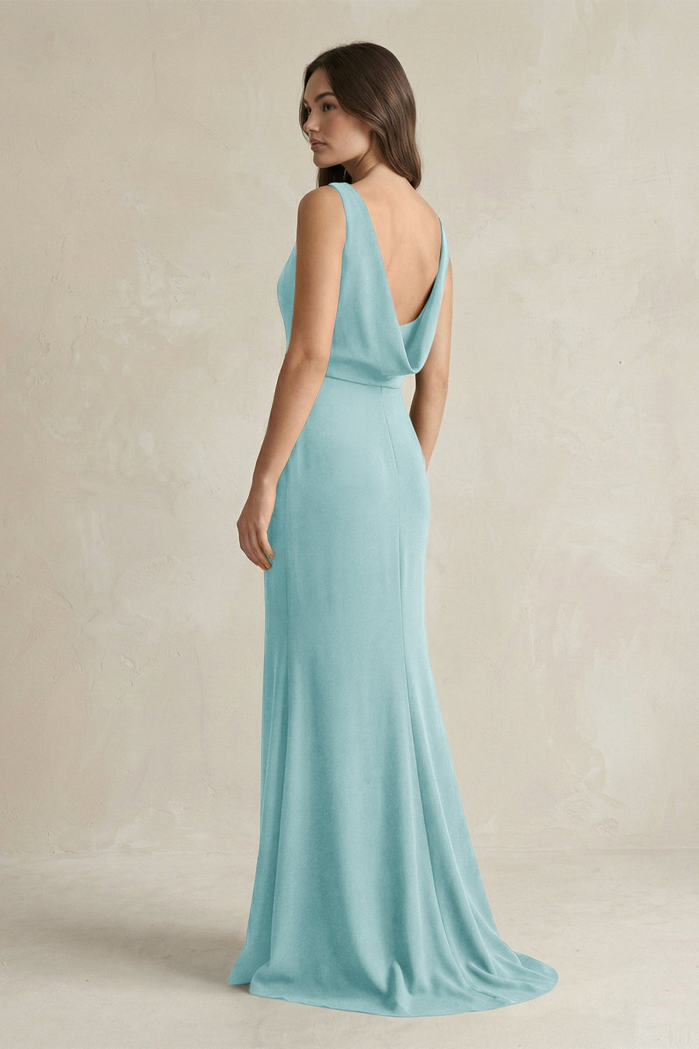 V - Neck Sheath Satin Maxi Bridesmaid Dress in Bleached Aqua - KissProm Bridesmaid Dresses