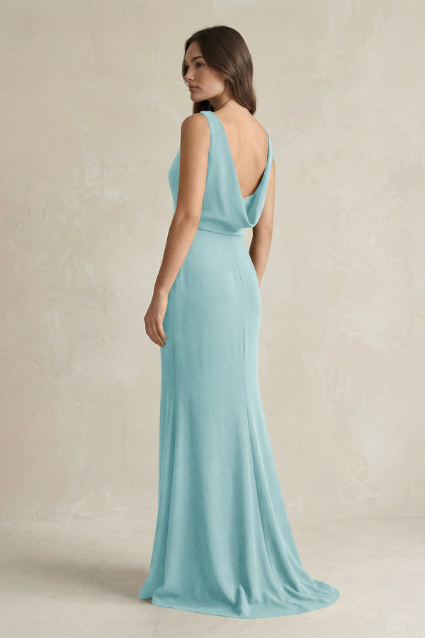 V - Neck Sheath Satin Maxi Bridesmaid Dress in Bleached Aqua - KissProm Bridesmaid Dresses