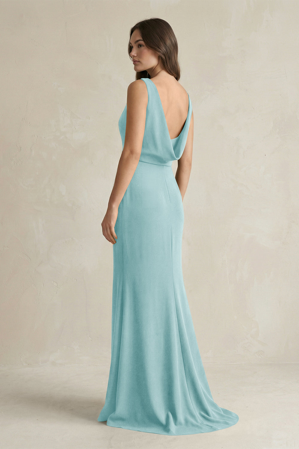 V - Neck Sheath Satin Maxi Bridesmaid Dress in Bleached Aqua - KissProm Bridesmaid Dresses