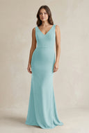 V - Neck Sheath Satin Maxi Bridesmaid Dress in Bleached Aqua - KissProm Bridesmaid Dresses