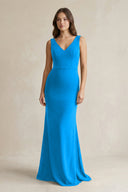 V - Neck Sheath Satin Maxi Bridesmaid Dress in Blue Jay - KissProm Bridesmaid Dresses